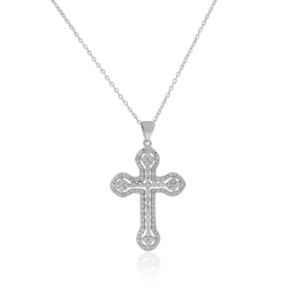 925 Sterling Silver White Clear CZ Religious Cross Pendant Necklace