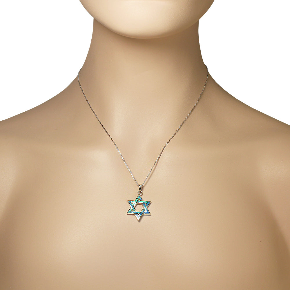 Inlay Opal Star of David Necklace Pendant Sterling Silver