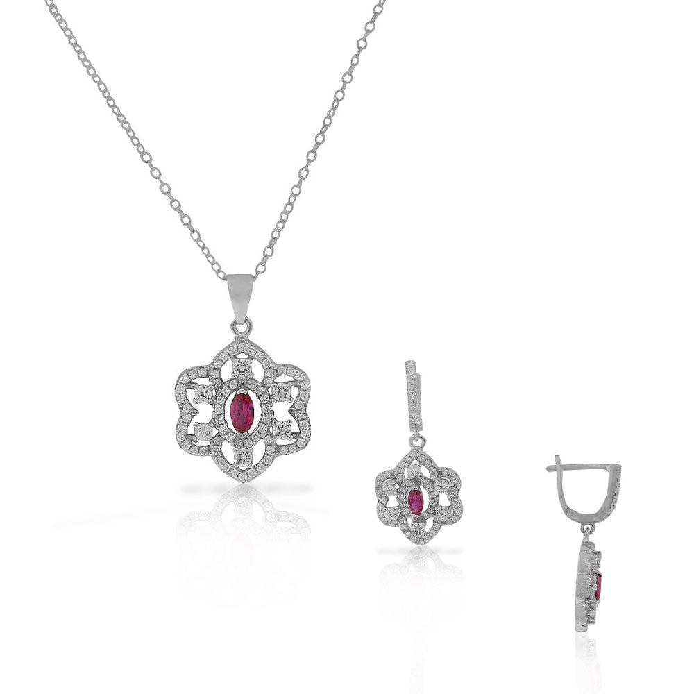 Sterling Silver Red Ruby CZ Chandelier Dangle Earrings Pendant Necklace Set