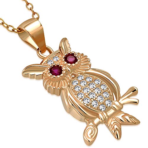 Sterling Silver Yellow Gold-Tone White Red CZ Owl Bird Pendant Necklace