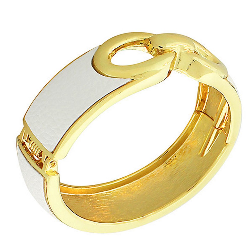 Fashion Alloy Yellow Gold-Tone White Faux PU Leather Bangle Bracelet