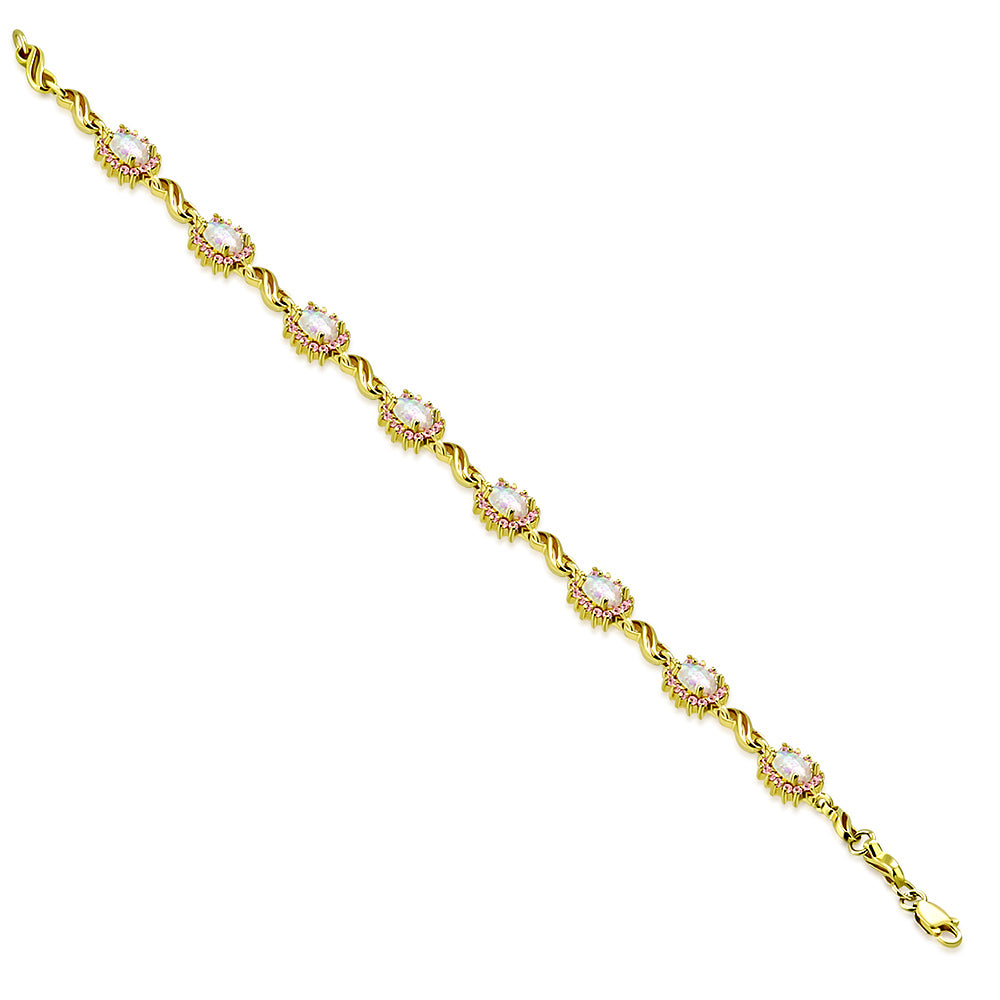 925 Sterling Silver Yellow Gold-Tone White Pink Simulated Opal S-link Tennis Bracelet, 7.5"