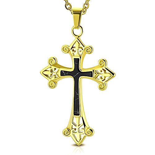 Stainless Steel Yellow Black Religious Cross Pendant Necklace