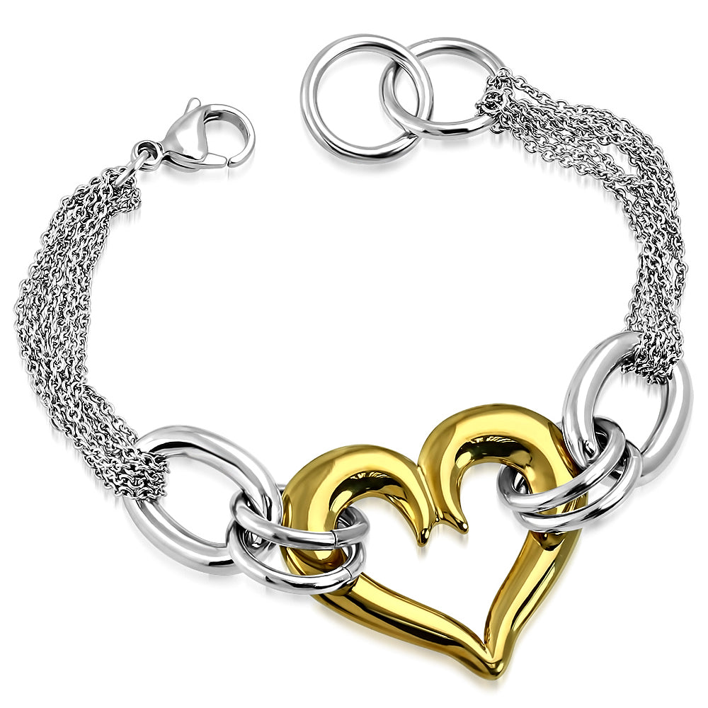 Stainless Steel Two-Tone Love Heart Link Chain Bracelet, 7.5"