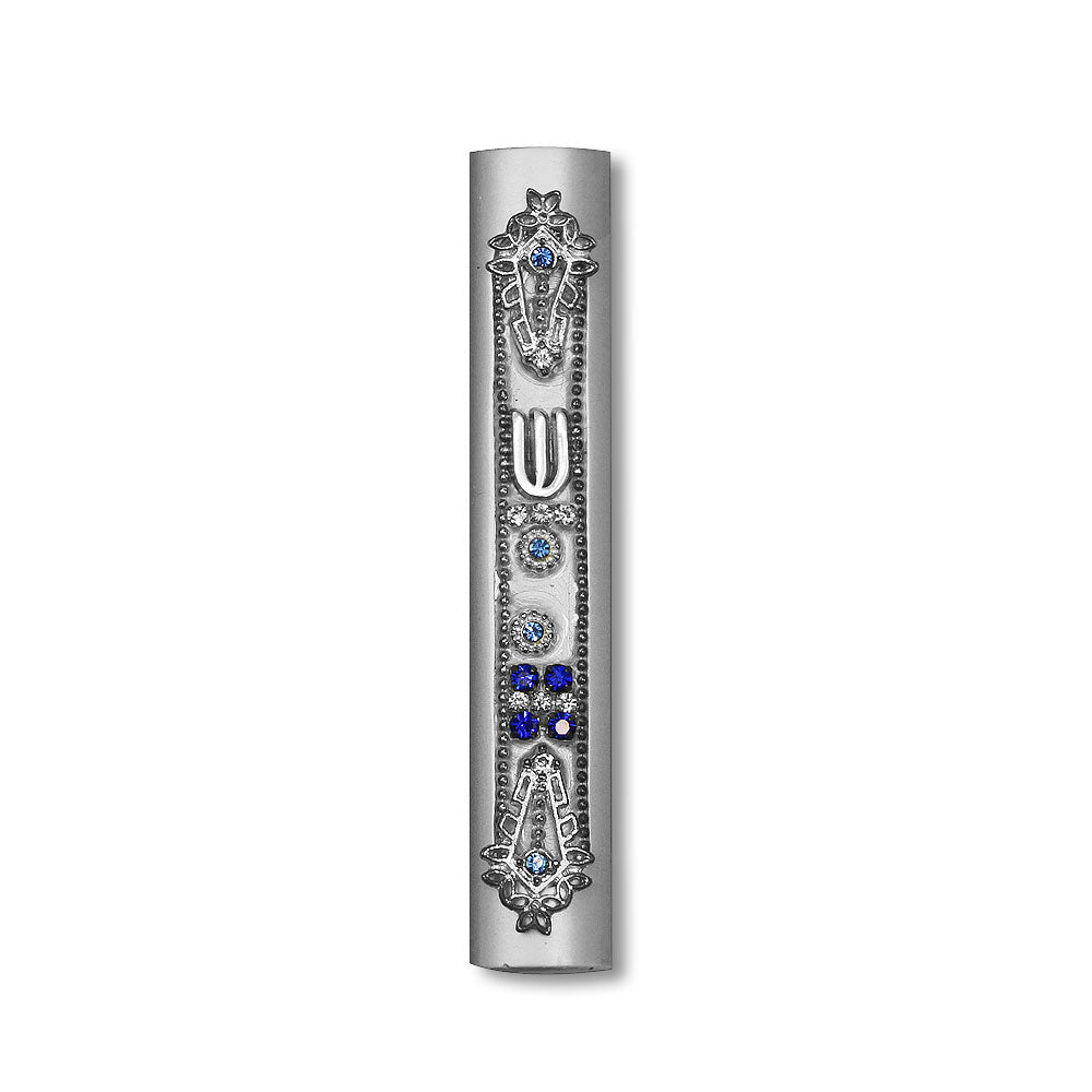 Small Aluminum Silver-Tone Blue CZ Mezuzah Case Shin with Decorative Design, 3.75"