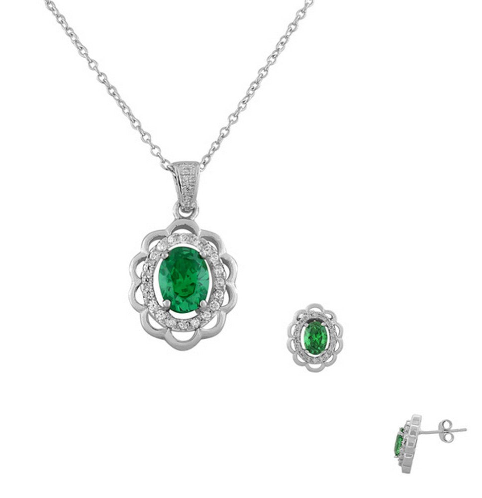 925 Sterling Silver Green-Tone White CZ Oval Charm Pendant Necklace Stud Earrings Set