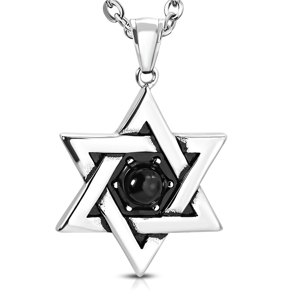Black Simulated Gemstone Jewish Star of David Stainless Steel Boys Mens Pendant Necklace