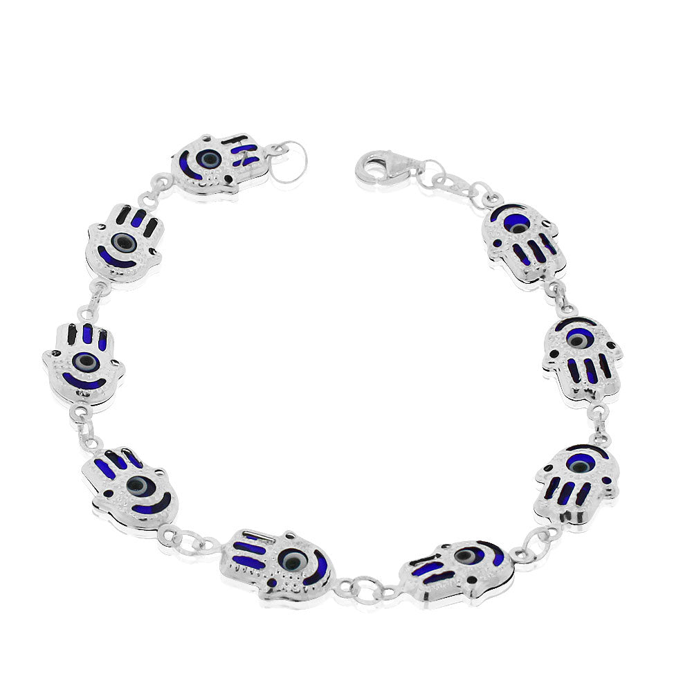 925 Sterling Silver Blue Hamsa Hand Good Luck Link Chain Bracelet