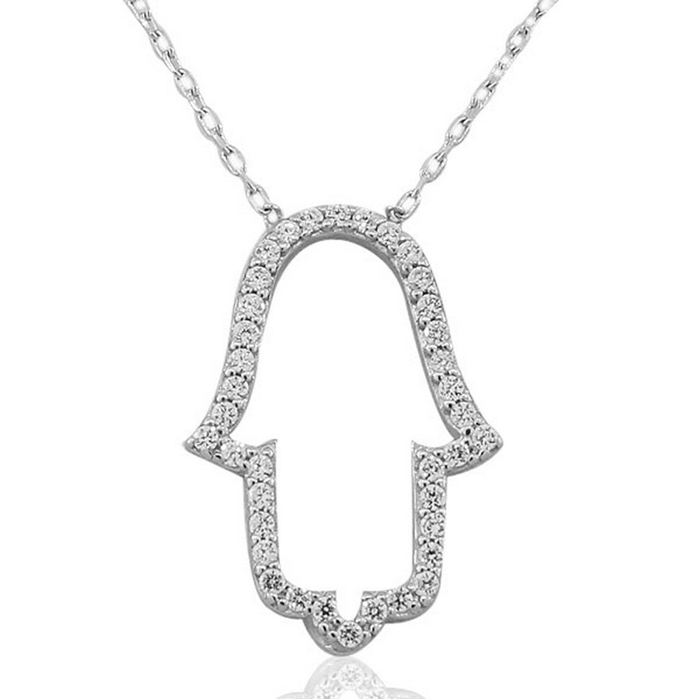 Cubic Zirconia Open Hamsa Necklace Pendant Sterling Silver