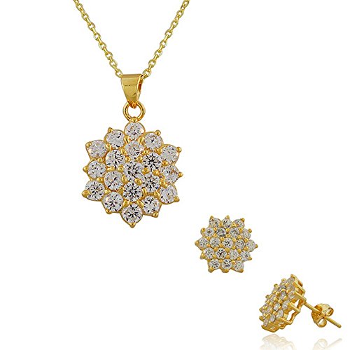 Sterling Silver Yellow Gold-Tone White CZ Womens Pendant Necklace Stud Earrings Set