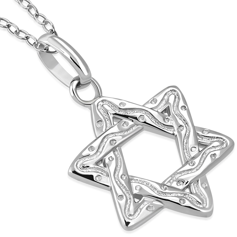 Wave Etched Jewish Star of David 925 Sterling Silver Necklace Pendant