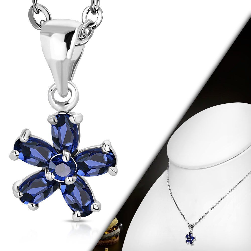 Stainless Steel Silver Blue Sapphire CZ Flower Floral Pendant Necklace