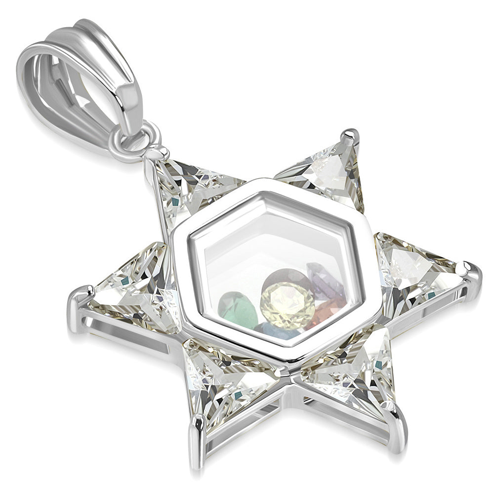 Stainless Steel Silver-Tone Clear Multicolor CZ Jewish Star of David Pendant Necklace