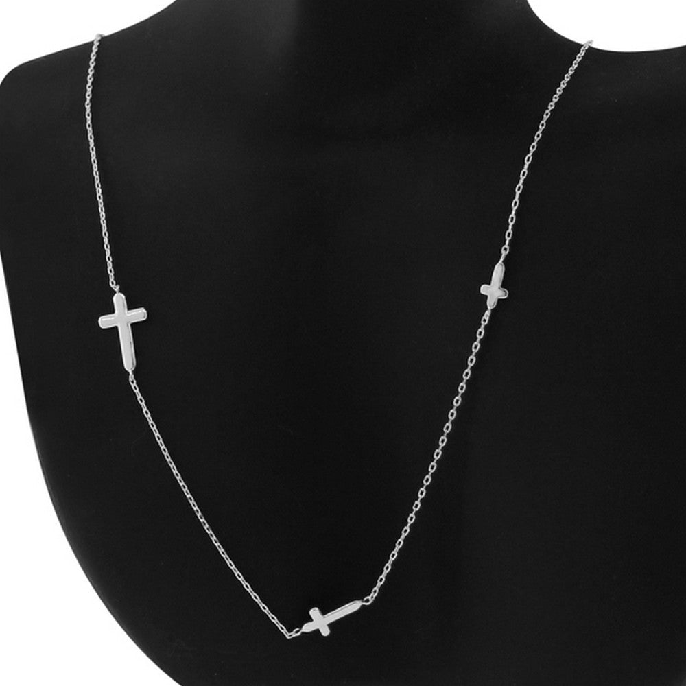 925 Sterling Silver Womens Sideways Religious Triple Cross Chain Necklace