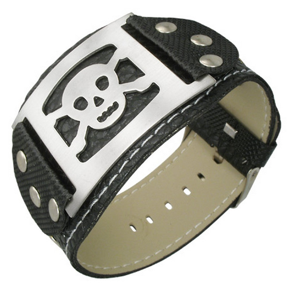Stainless Steel Faux PU Leather Belt Buckle Bracelet Pirate Skull Mens Bracelet