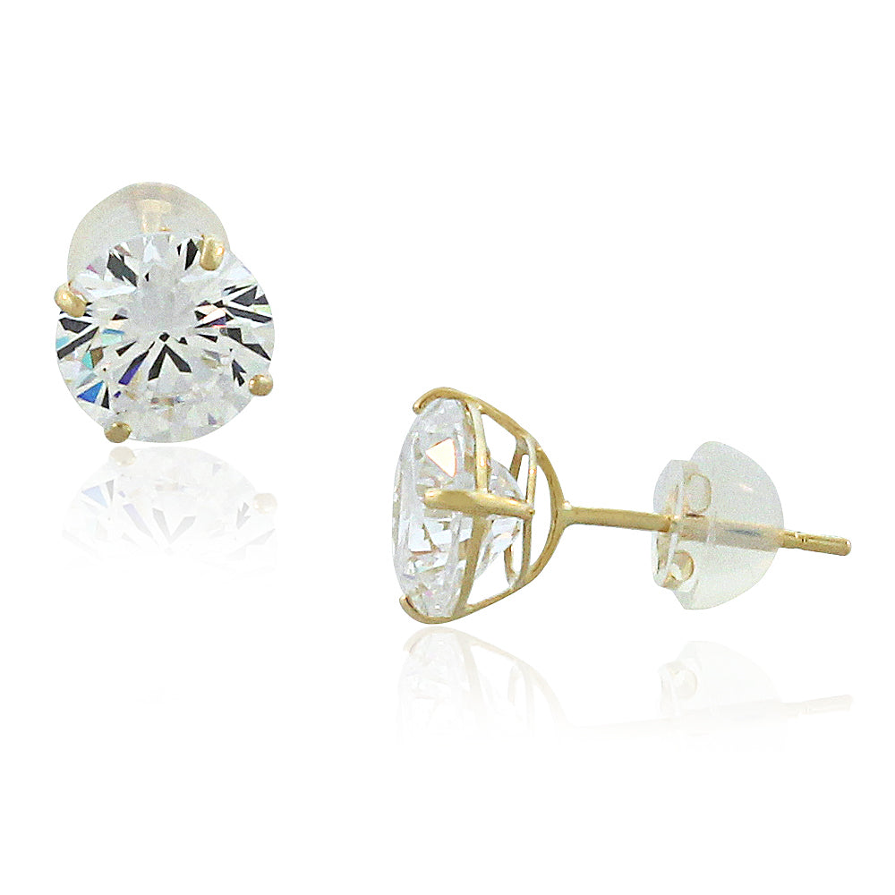 14K Yellow Gold Round White Clear CZ Classic Stud Earrings, 7 mm Diameter