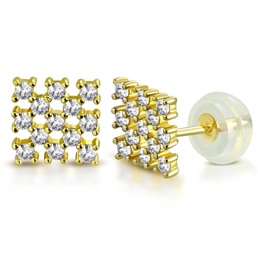 14K Yellow Gold Square CZ Small Girls Stud Earrings