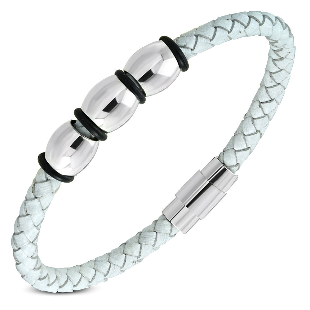 White Leather Braided Wristband Bracelet, 8"