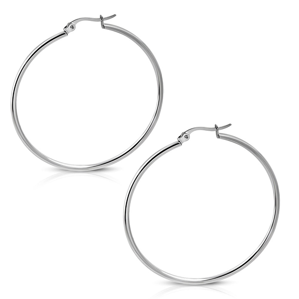 Stainless Steel Silver-Tone Classic Round Hoop Earrings, 2"
