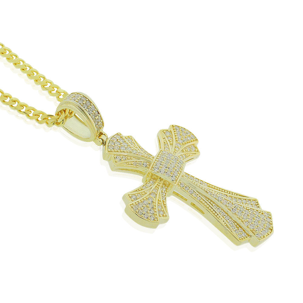925 Sterling Silver Yellow Gold-Tone Clear CZ Large Hip-Hop Statement Cross Pendant Necklace, Chain 30"