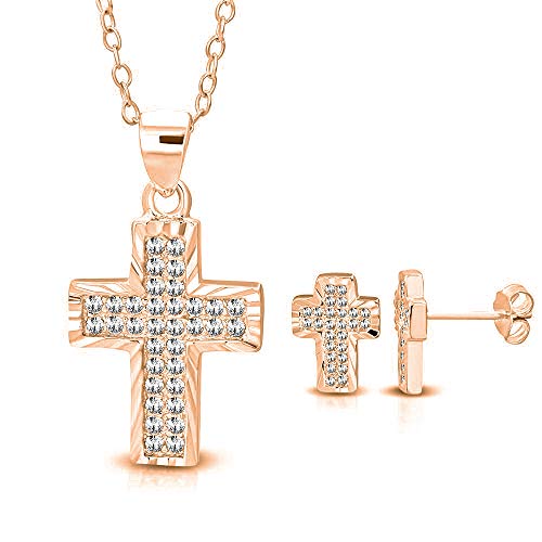 Sterling Silver Rose Gold-Tone White Clear CZ Religious Cross Pendant Stud Earrings Set