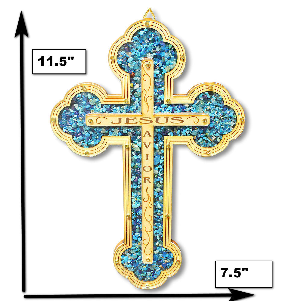 Large Wooden Christian Cross Jesus Savior Simulated Gemstones Turquoise Wall Decor - Made in Israel