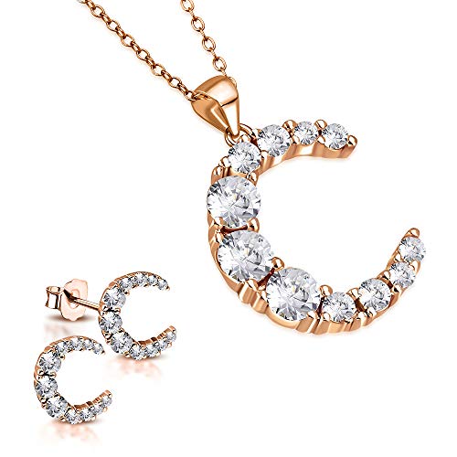 Sterling Silver Yellow Gold-Tone Clear CZ Moon Crescent Pendant Necklace Stud Earrings Set