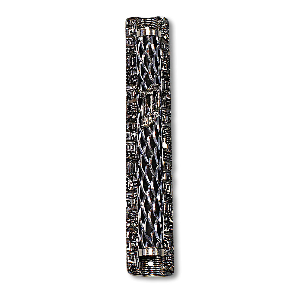 Metal Gray Silver-Tone Pattern Classic Mezuzah Case, 6.5" - Made in Israel