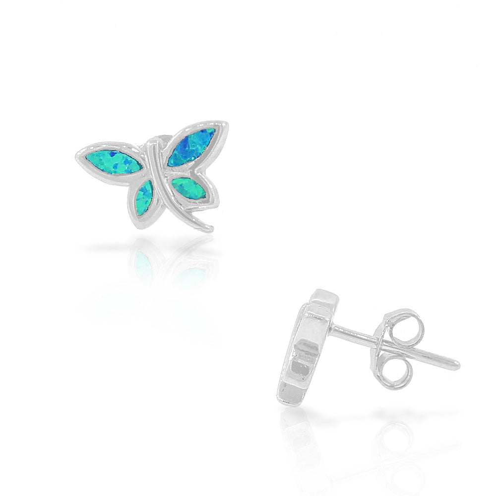 Sterling Silver Blue Turquoise-Tone Simulated Opal Dragonfly Stud Earrings