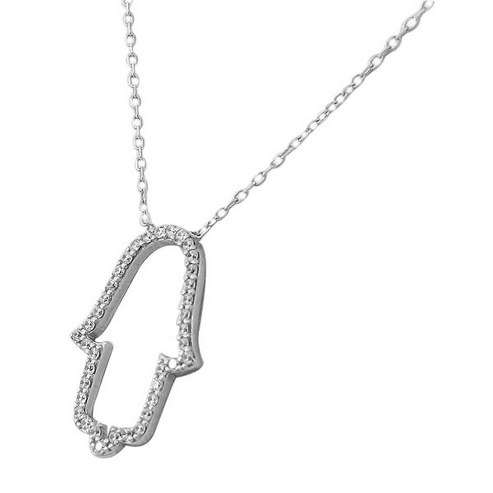 Cubic Zirconia Open Hamsa Necklace Pendant Sterling Silver