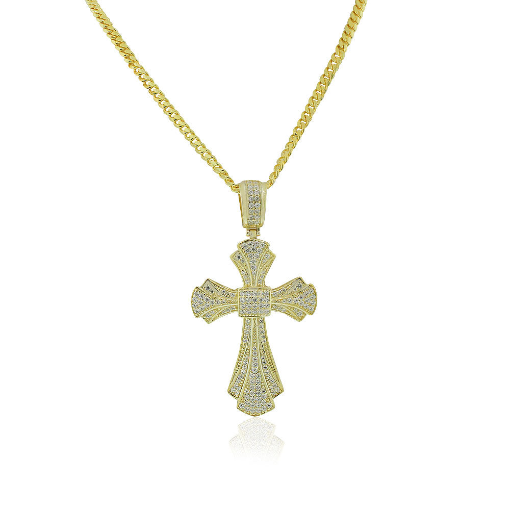 925 Sterling Silver Yellow Gold-Tone Clear CZ Large Hip-Hop Statement Cross Pendant Necklace, Chain 30"