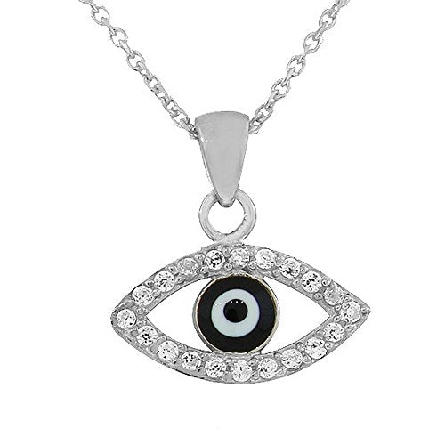 Dainty Sterling Silver White CZ Evil Eye Pendant Necklace