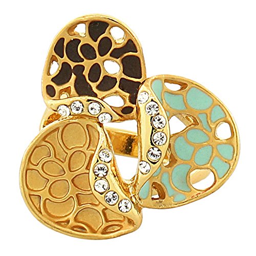 Fashion Alloy Yellow Gold-Tone Brown Turquoise CZ Flower Floral Statement Cocktail Ring