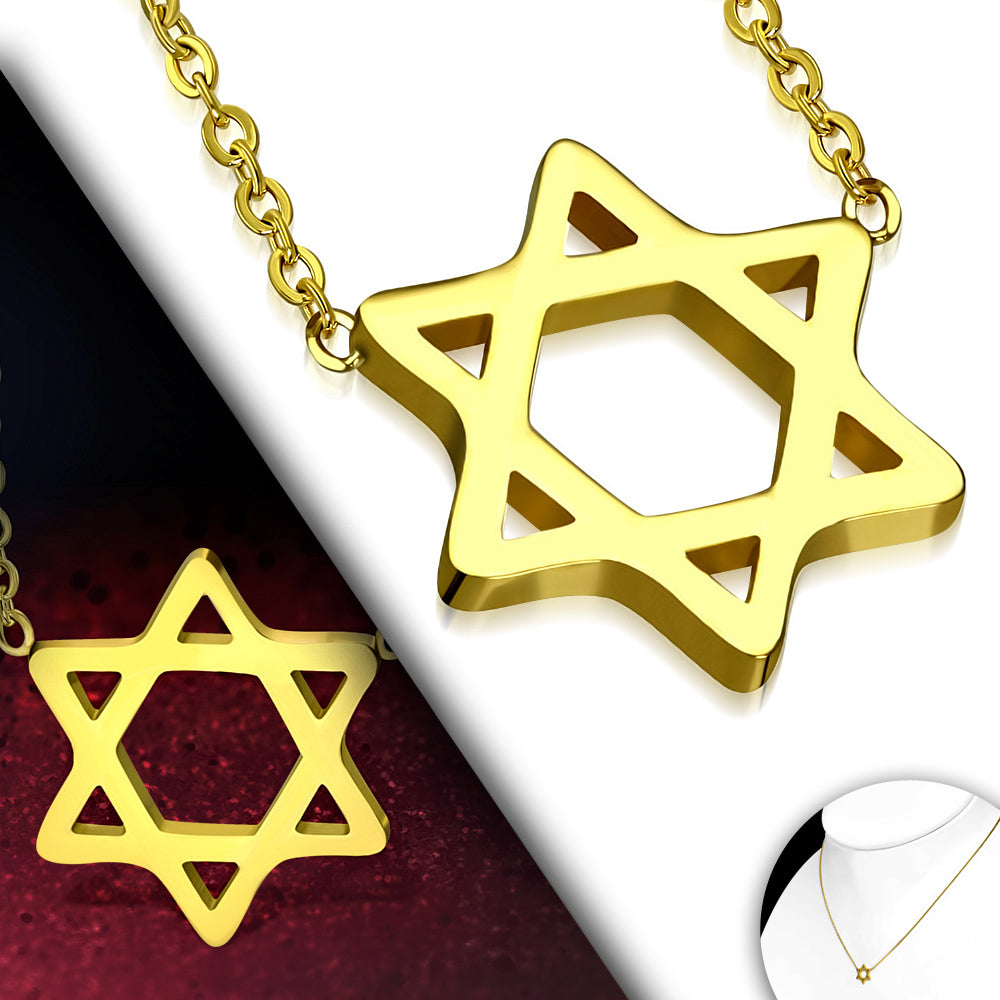 Stainless Steel  Gold Jewish Star of David Pendant Necklace