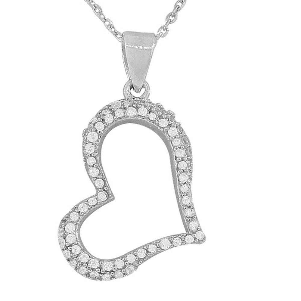 Sterling Silver Love Heart Charm White CZ Pendant Necklace with Chain