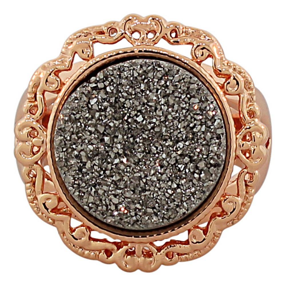 18K Rose Gold Plated Bronze Black Drusy Quartz Glitter Fashion Cocktail Ring