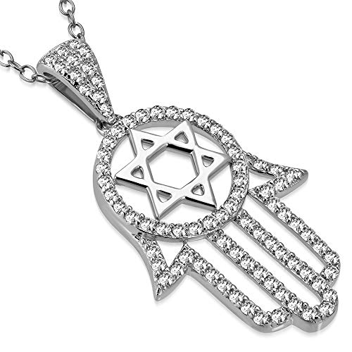 Cubic Zirconia Hamsa with Star of David Necklace Pendant Sterling Silver