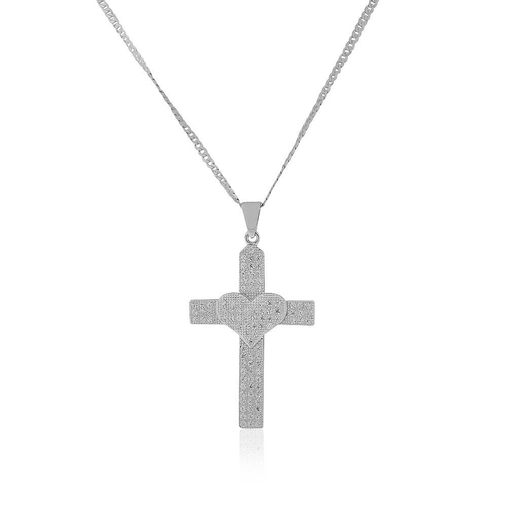 925 Sterling Silver White Clear CZ Love Heart Large Cross Pendant Necklace