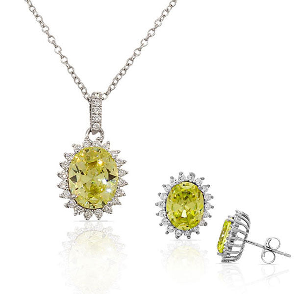 Sterling Silver Yellow Citrine-Tone White CZ Oval Charm Necklace Stud Earrings Set