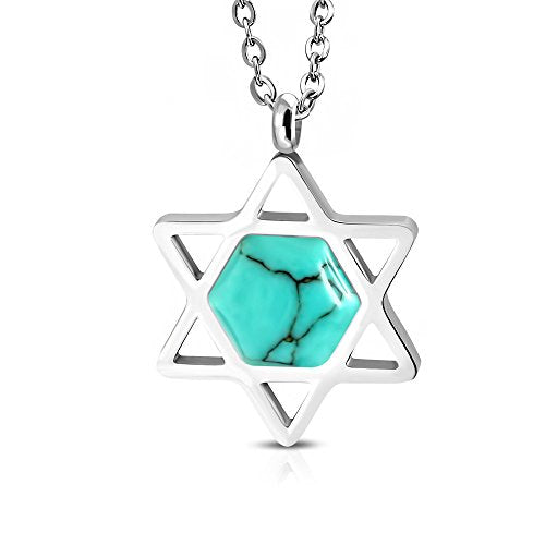 Gold Turquoise Star of David Necklace Pendant Stainless Steel