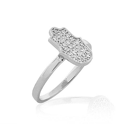 Sterling Silver White CZ Hamsa Hand Good Luck Ring Band
