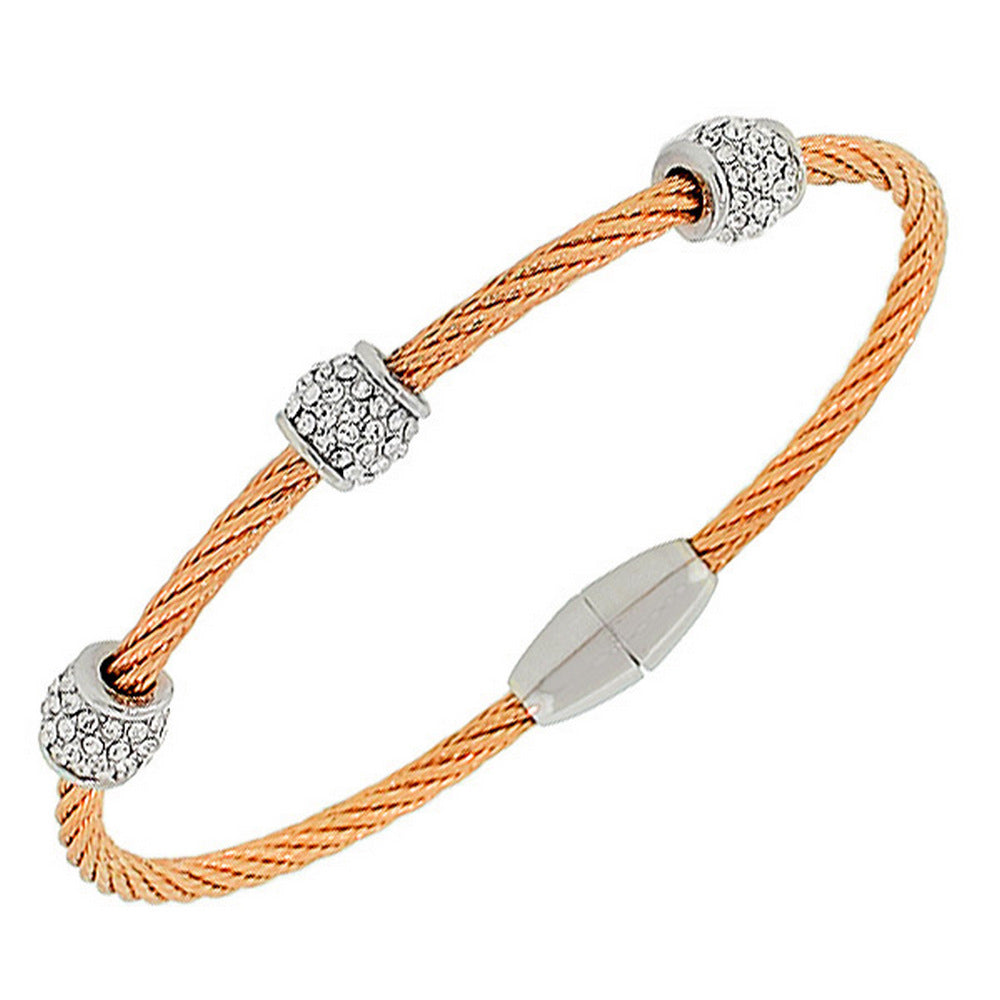 Fashion Alloy Rose Gold-Tone Silver-Tone White CZ Bangle Bracelet