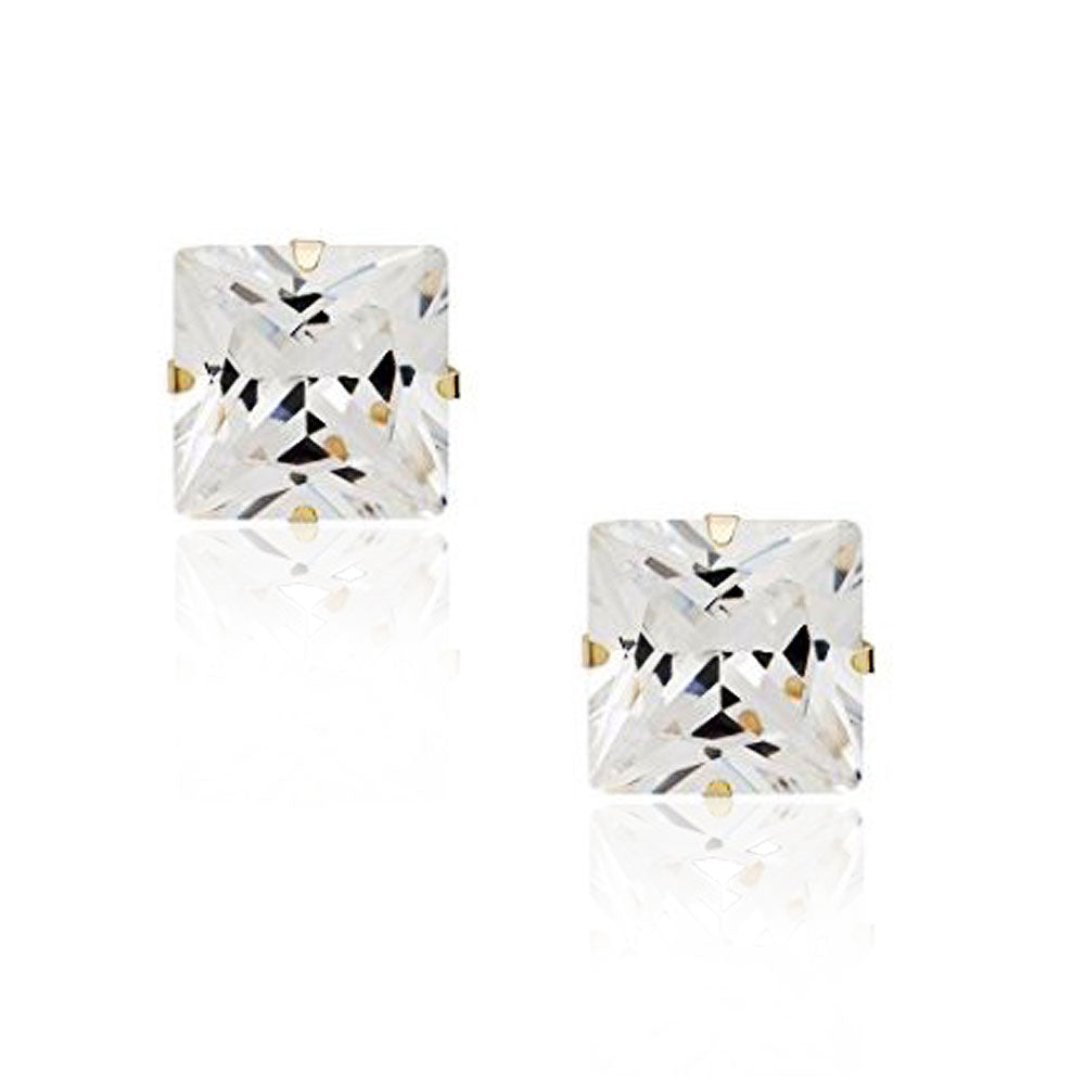 14K Yellow Gold Square Princess White Clear CZ Classic Stud Earrings, 3 MM