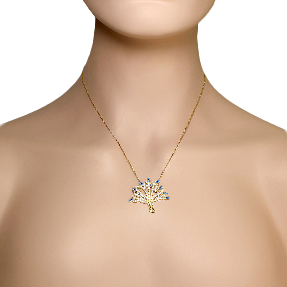 Sterling Silver Yellow Gold-Tone CZ Tree of Life Evil Eye Large Statement Pendant Necklace
