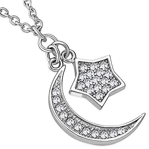 Sterling Silver CZ Islamic Muslim Necklace with Crescent Moon and Star Design