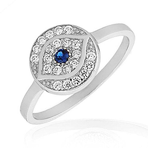 Sterling Silver White Blue CZ Evil Eye Protection Ring Band