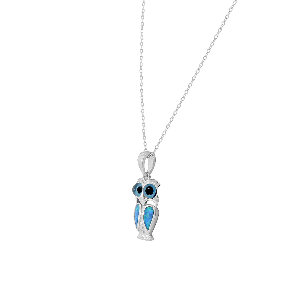 Inlay Opal Owl Necklace Pendant Sterling Silver