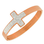 Stainless Steel Rose Gold-Tone Classic Religious Cross White CZ Bangle Bracelet