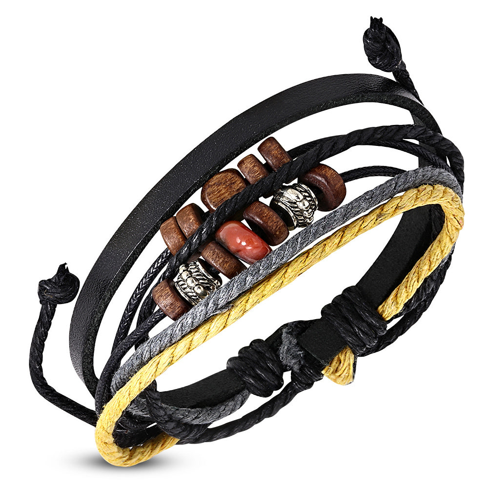 Fashion Alloy Black Leather Wooden Beaded Wristband Adjustable Bracelet, 10"