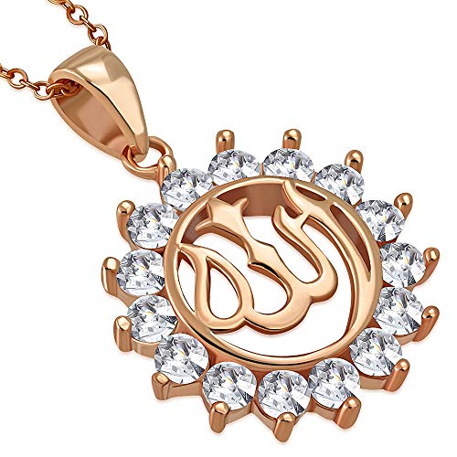 Rose Gold Cubic Zirconia Allah Necklace Pendant Sterling Silver